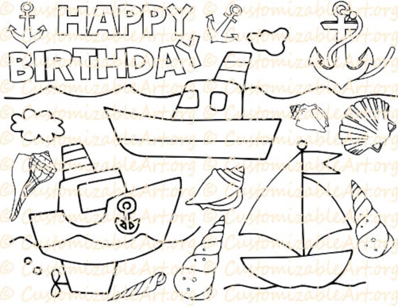 Nautical party favor printable nautical coloring page seashells birthday ships boats sailing digital coloring sheet under the sea theme idea