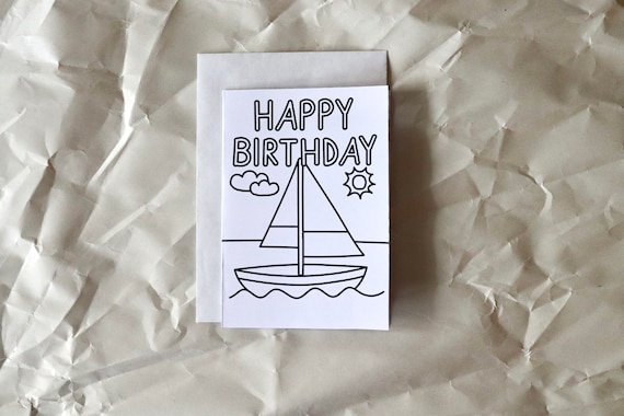Happy birthday coloring card for kids who loves boats and coloring pages printable birthday card for sailboat lovers instant download
