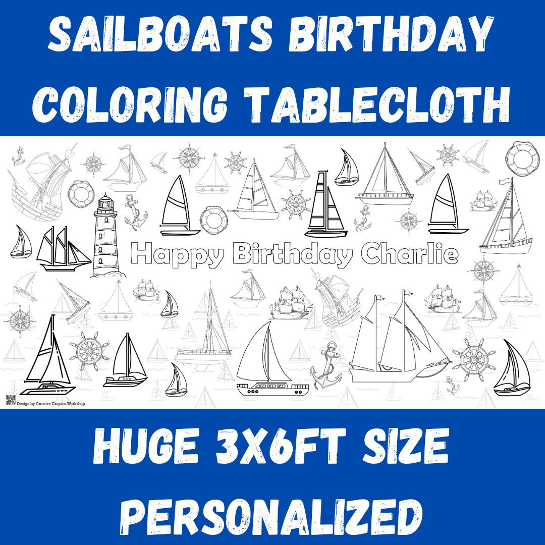 Sailboat themed coloring tablecloth for kids nautical birthday party boat coloring poster personalized with name and age x