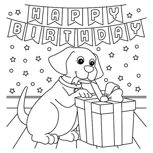 Premium vector a cute and funny coloring page of a happy birthday dog with present provides hours of coloring fun for children color this page is very easy suitable for little