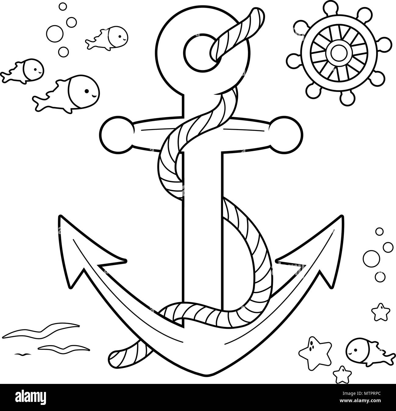 Nautical collection with anchor boat rudder and fish with rope black and white coloring book page stock vector image art