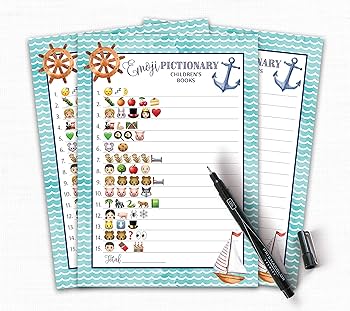 Nautical emoji game â pack of â emoji pictionary childrens book baby shower game rustic navy blue anchor ahoy boy baby shower activity nautical theme emoji baby shower games g