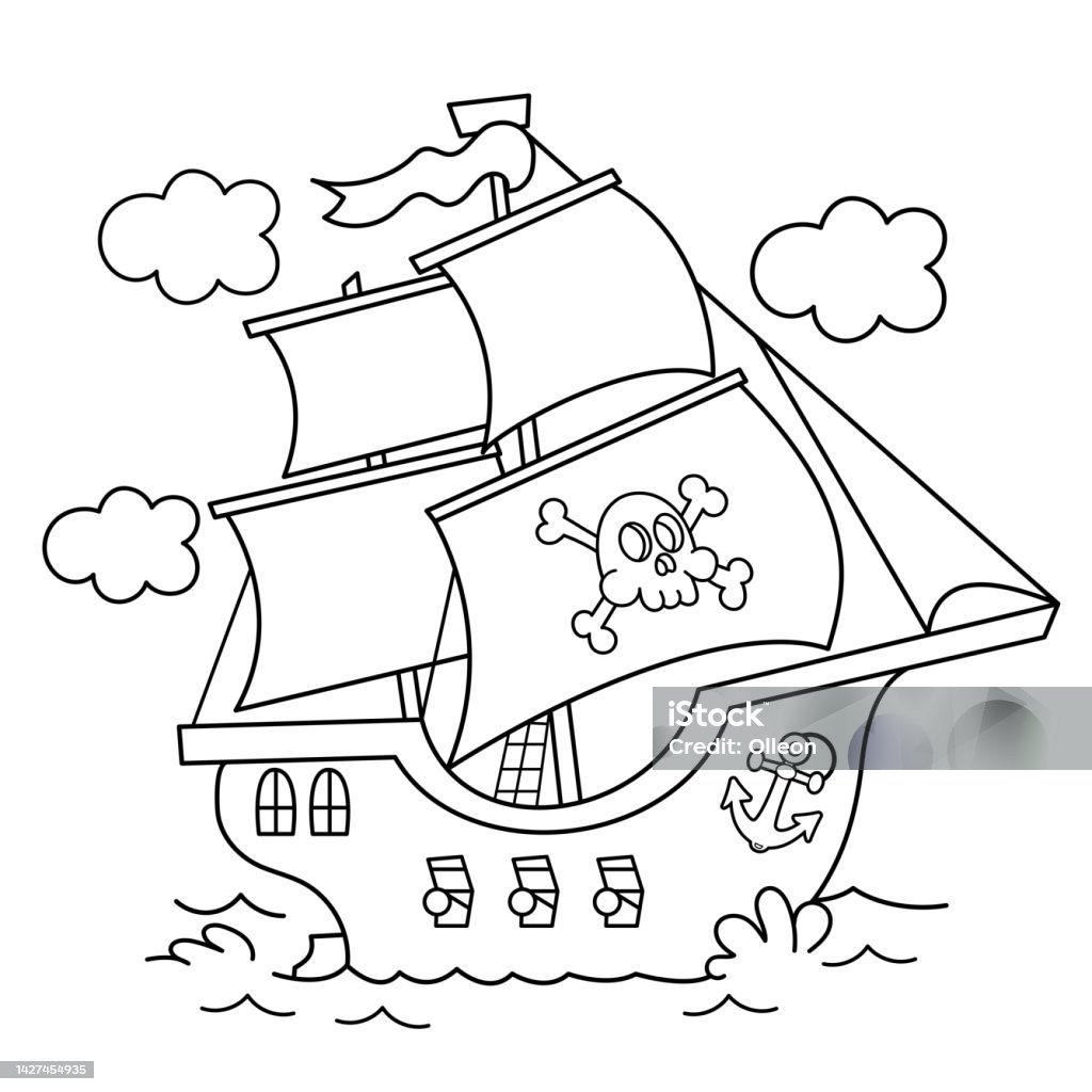 Coloring page outline of cartoon pirate ship sailboat with black sails with skull in sea drawing coloring book for kids stock illustration