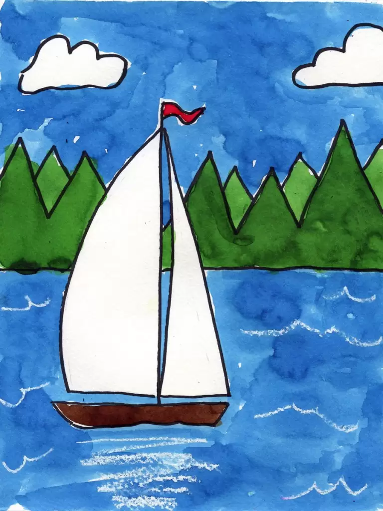Easy how to draw a sailboat tutorial and sailboat coloring page