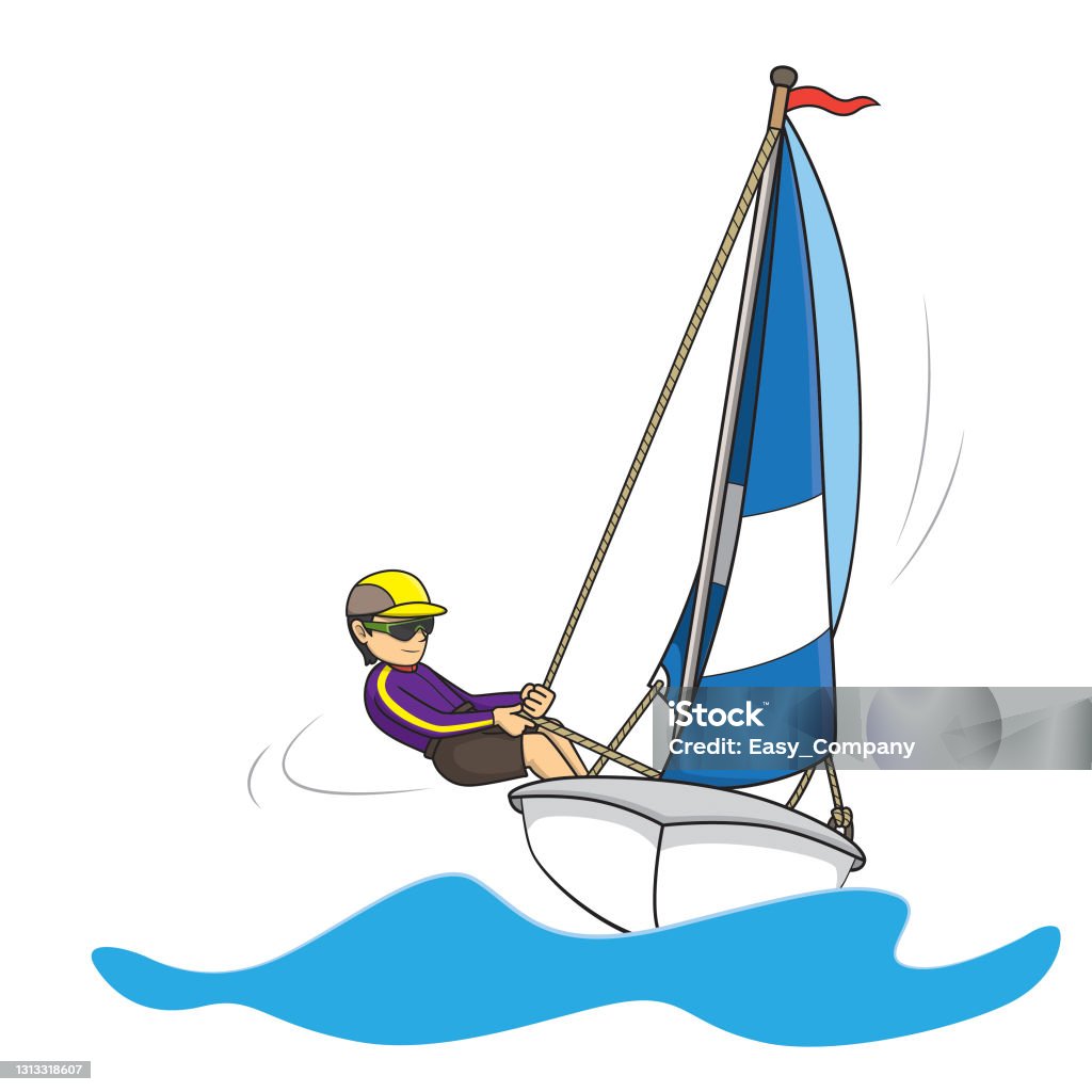 Vector illustration of single sailing athlete on the sailboat isolated on white background kids coloring page drawing art first word flash card color cartoon character clipart stock illustration