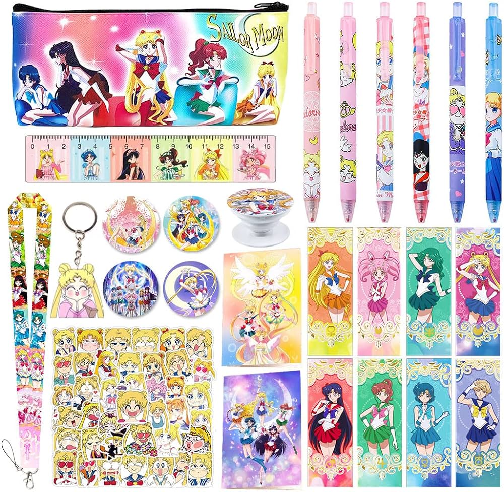 Sailor moon merchandise anime cartoon school supplies including notebook pencil case pens stickers button pins lanyard keychain ruler bookmarks phone ring holder buy online at best price in u