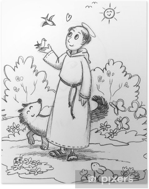 Poster coloring image of saint francis with wild animals