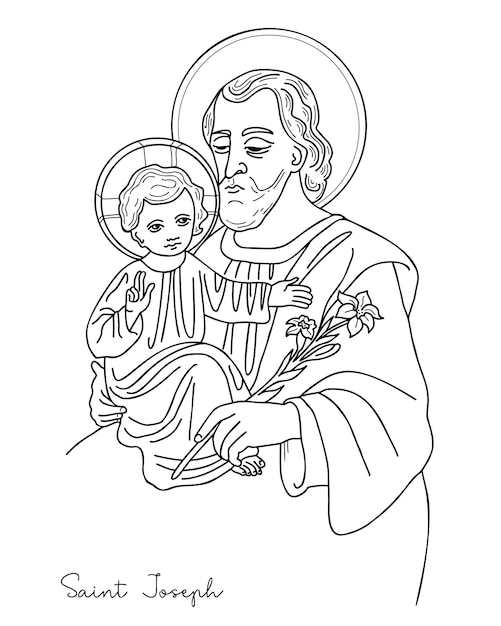 Premium vector icon saint joseph the betrothed with divine child jesus christ and blooming lily hand drawn outline