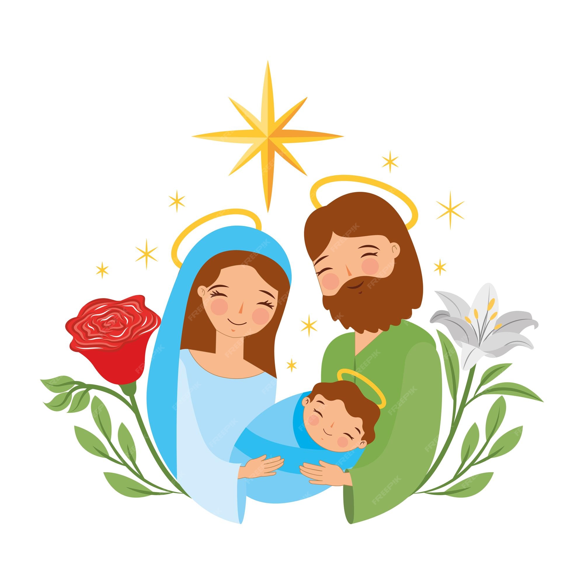 Premium vector holy virgin mary and saint joseph holding baby jesus with rose and lily and belen star