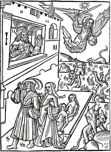 Devils are pursued by the archangel saint michael while humans continue their activities