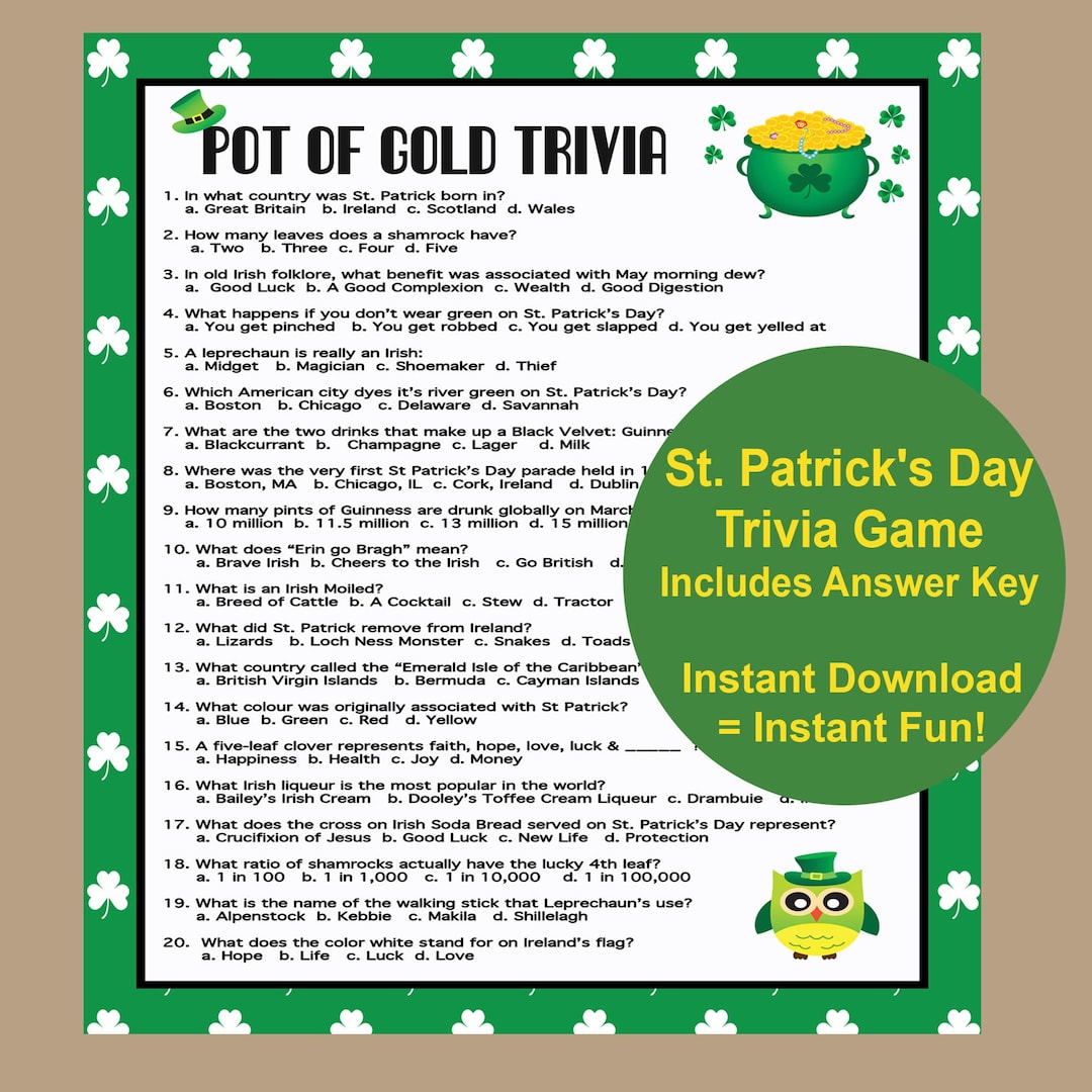 St patricks day games st patricks day trivia party game adult trivia game teen st patricks day printable games instant download