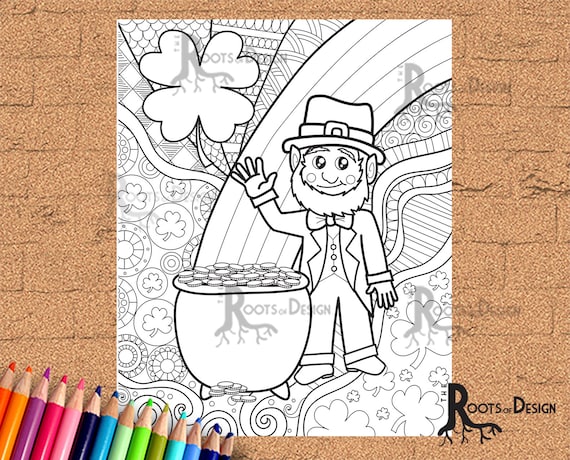 Instant download coloring page st patricks day leprechaun print zentangle inspired doodle art printable