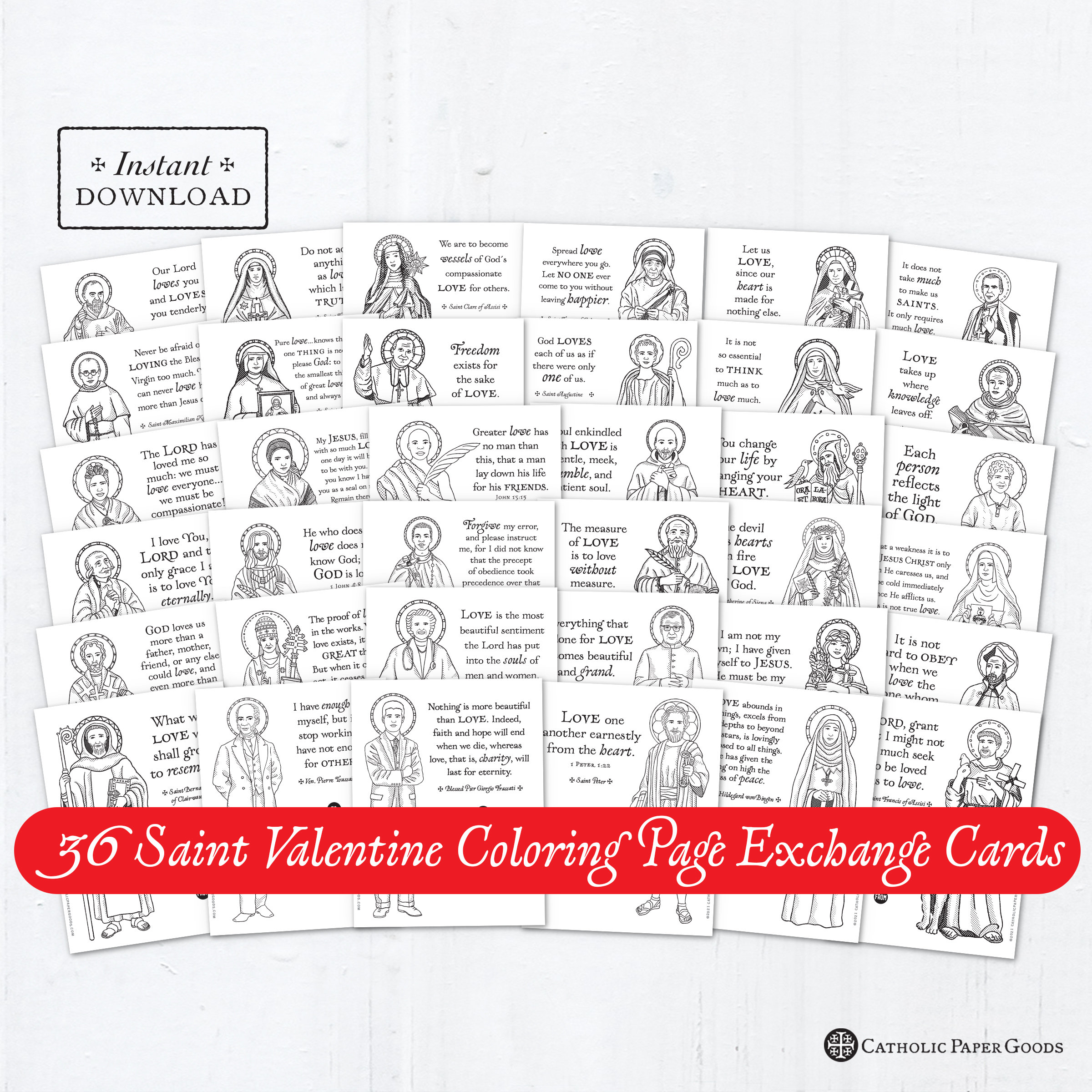 Catholic saints coloring page valentine exchange cards bundle of black printable
