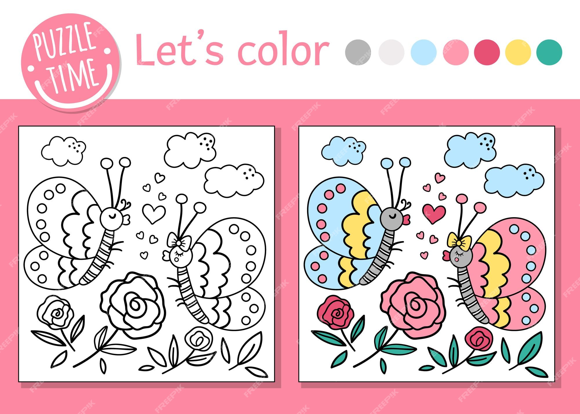 Premium vector saint valentine day coloring page for children funny scene with butterflies flowers hearts vector holiday outline illustration with cute insects color book with for kids with colored example