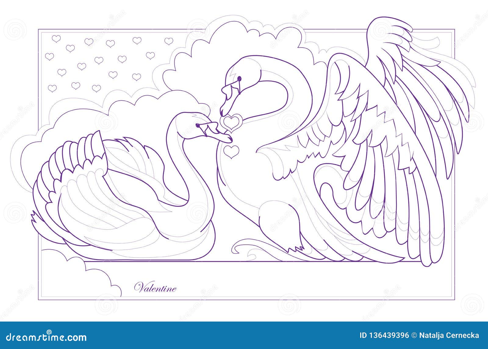 Black and white page for coloring book fantasy drawing of couple beautiful swans saint valentine day greeting card stock vector
