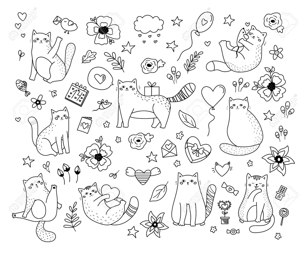 Hand drawn doodle cats with hearts sweets and flowers saint valentine day set outline vector illustration coloring page funny pets royalty free svg cliparts vectors and stock illustration image