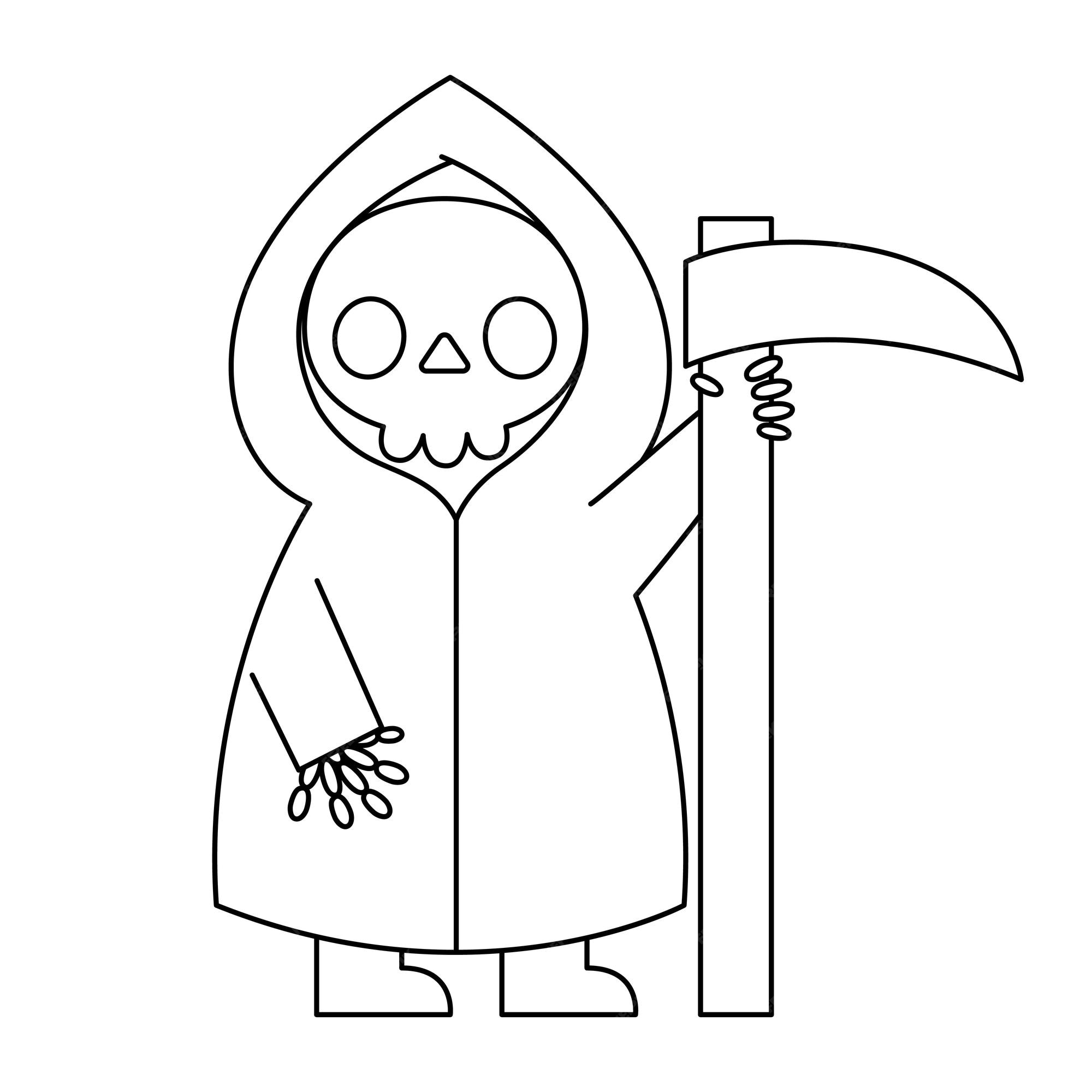 Premium vector vector black and white kawaii death with a scythe cute halloween line character for kids funny autumn all saints day cartoon illustration samhain day of the dead icon or