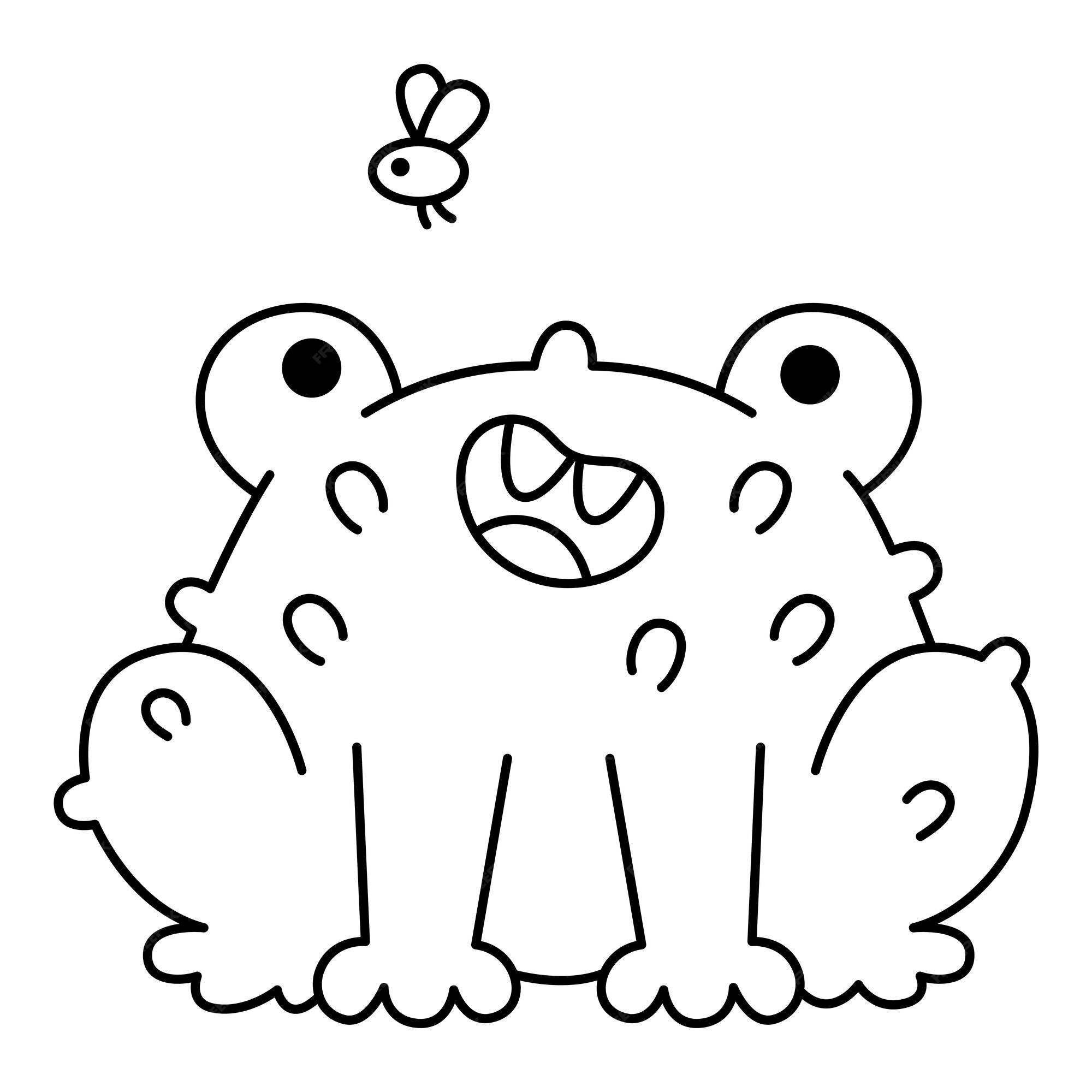 Premium vector vector black and white kawaii toad with fly cute smiling halloween line character for kids funny autumn all saints day cartoon animal illustration samhain party frog icon or coloring