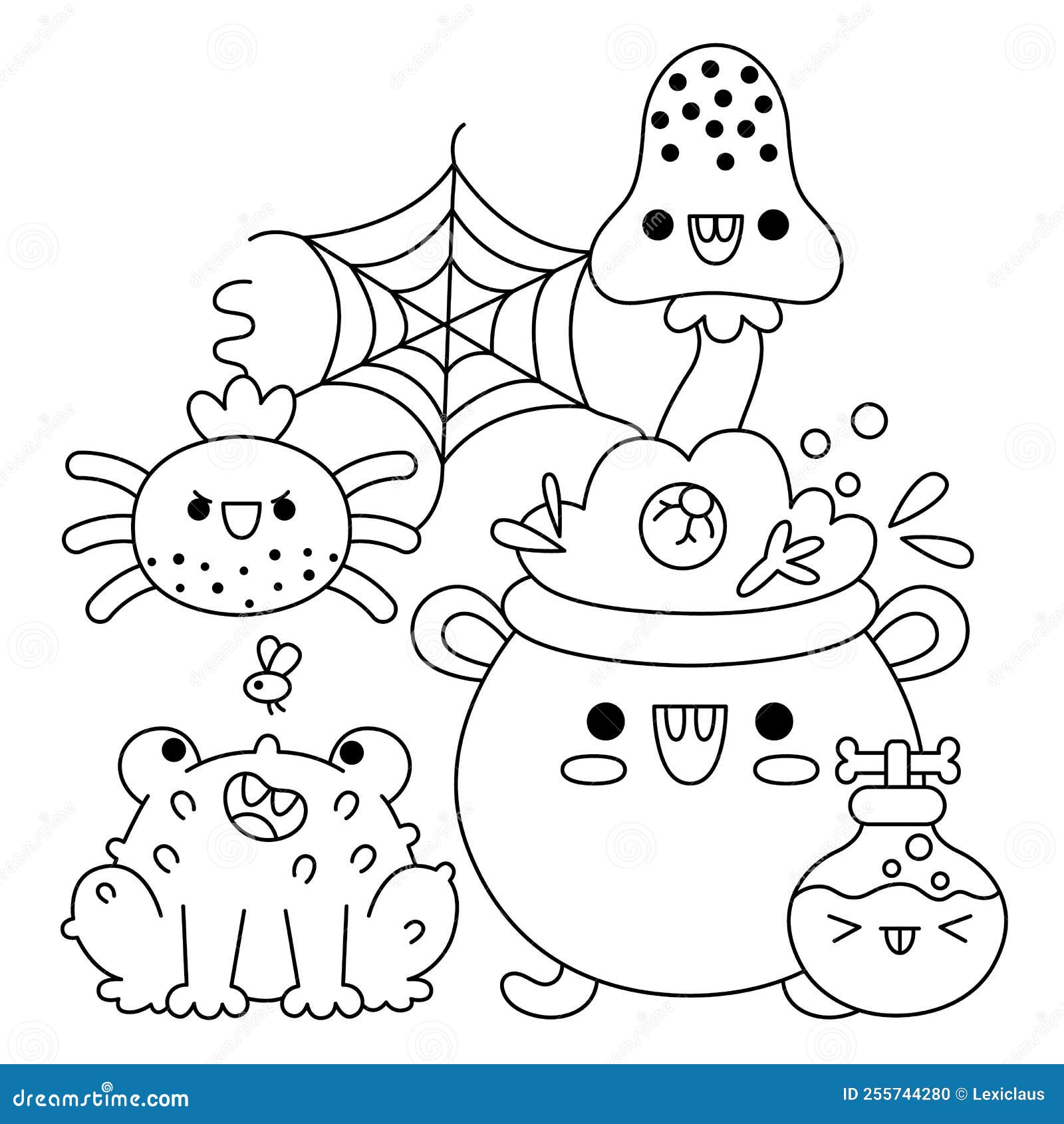Vector black and white kawaii cauldron with frog potion mushroom spider cute halloween line scene all saints day illustration stock vector