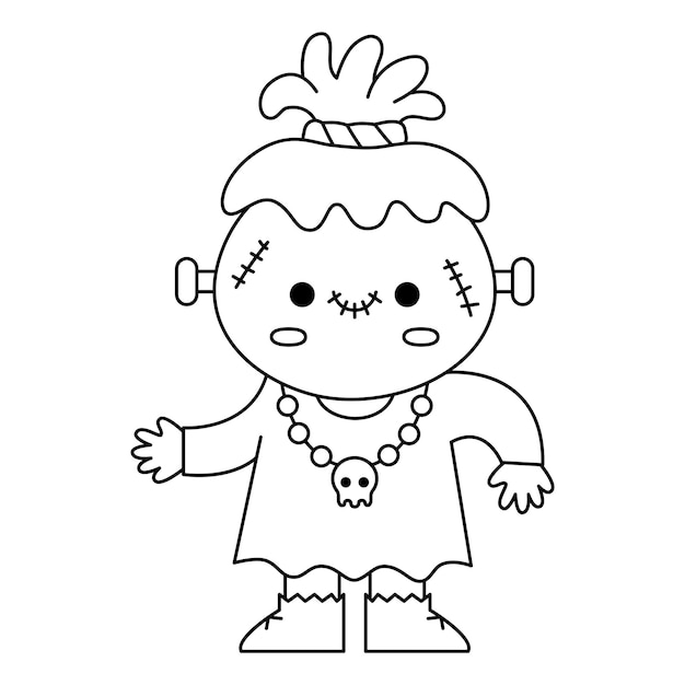 Premium vector vector black and white kawaii zombie cute smiling halloween line character for kids funny autumn all saints day cartoon illustration samhain party voodoo doll icon or coloring page
