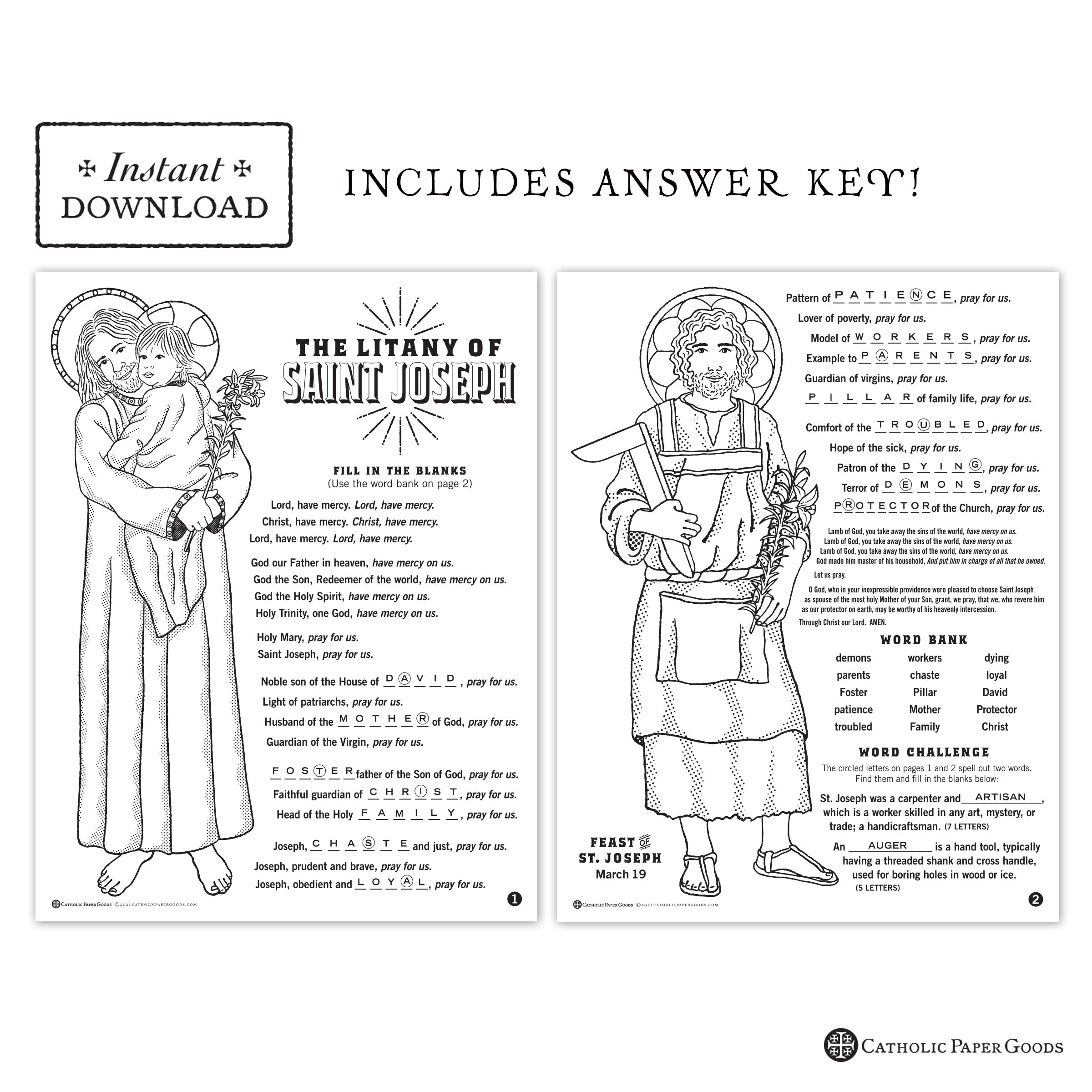 The litany of saint joseph catholic coloring pages and word game catholic saints printable coloring pages digital pdf