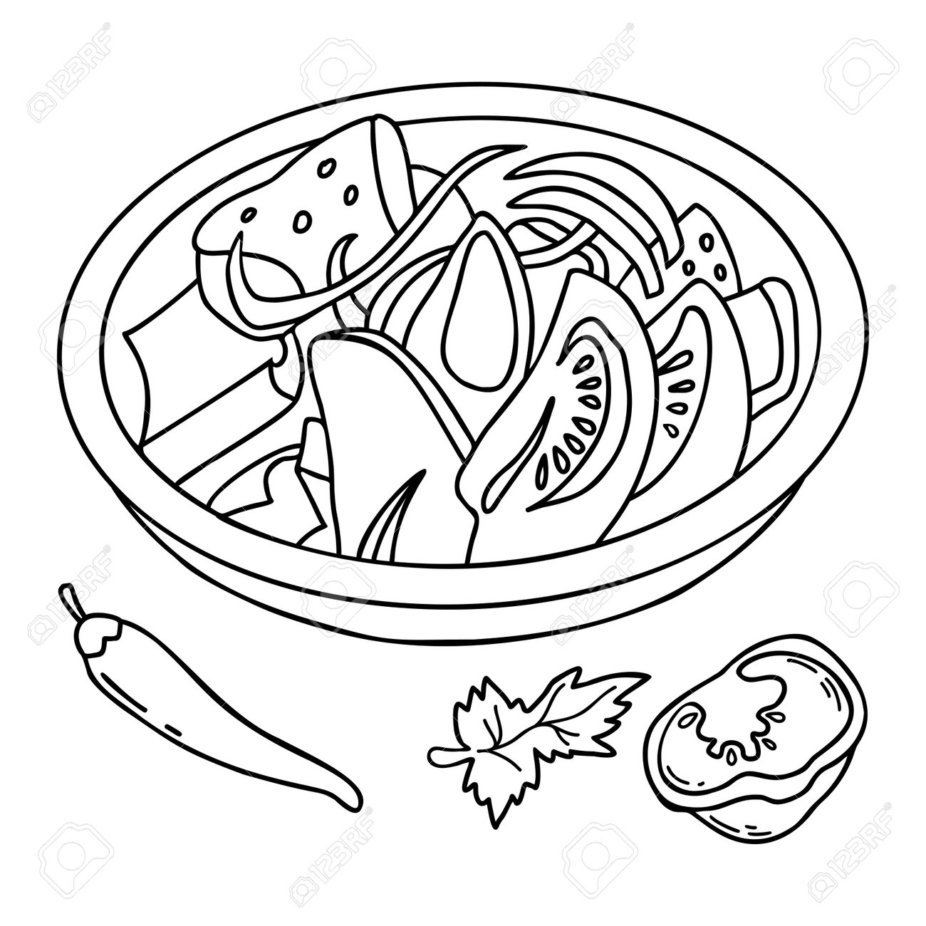 Vegetable salad of tomatoes chili peppers spicy greens in plate vector linear hand drawing doodle for design and decoration of culinary themes royalty free svg cliparts vectors and stock illustration image