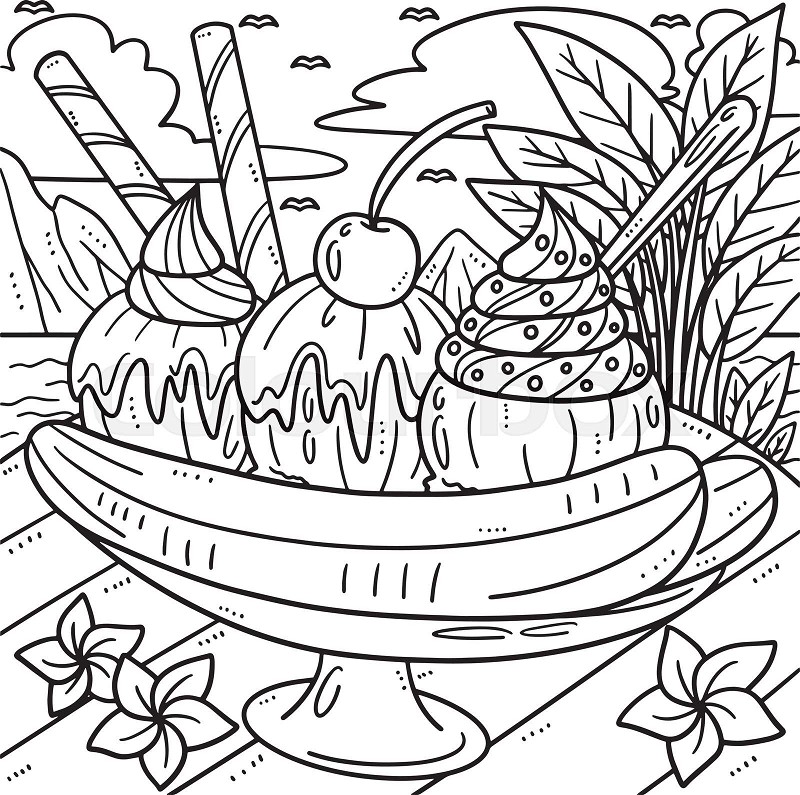 Banana split isolated coloring page for kids stock vector
