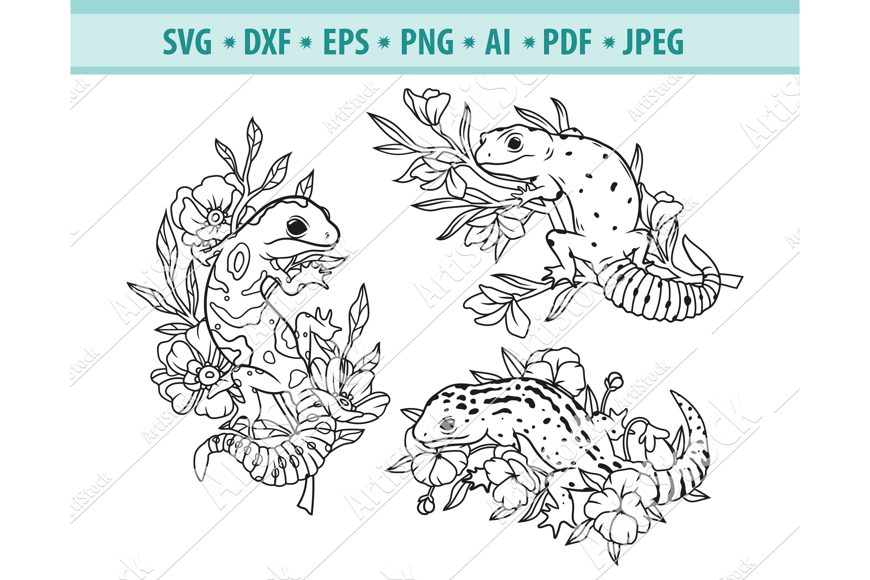 Flower gecko svg lizard png floral salamanders eps dxf
