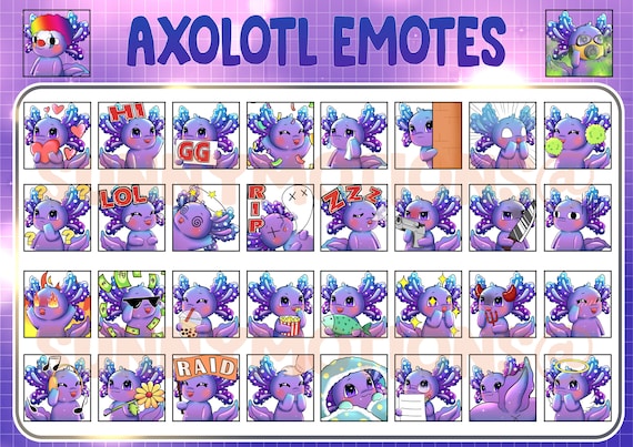 Twitch discord emotes cute galaxy axolotl rainbow kawai chibi fish emoji sea animal sub bit badges tiger salamander streamer bundle