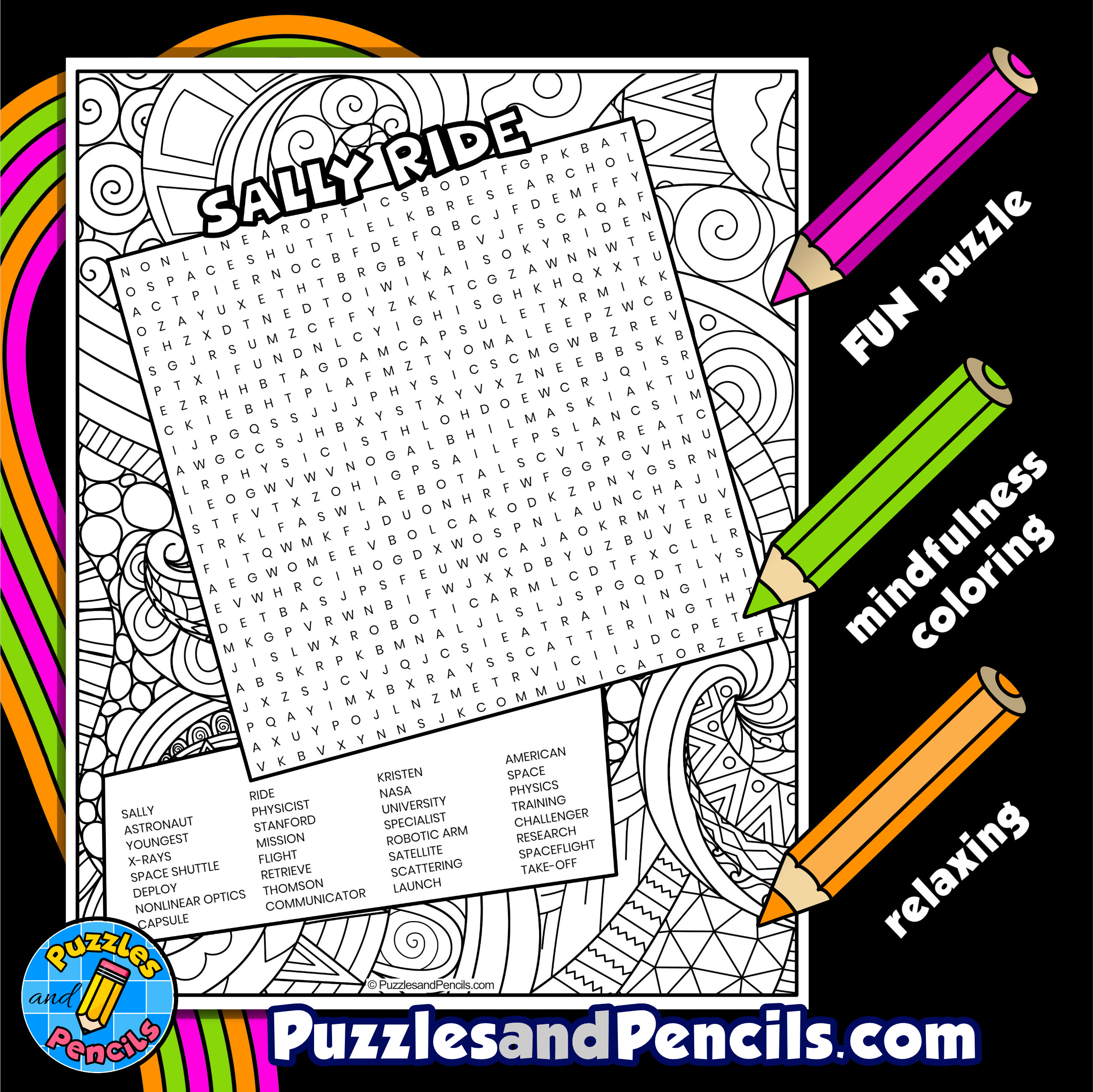 Sally ride word search puzzle activity page with coloring women in stem wordsearch made by teachers