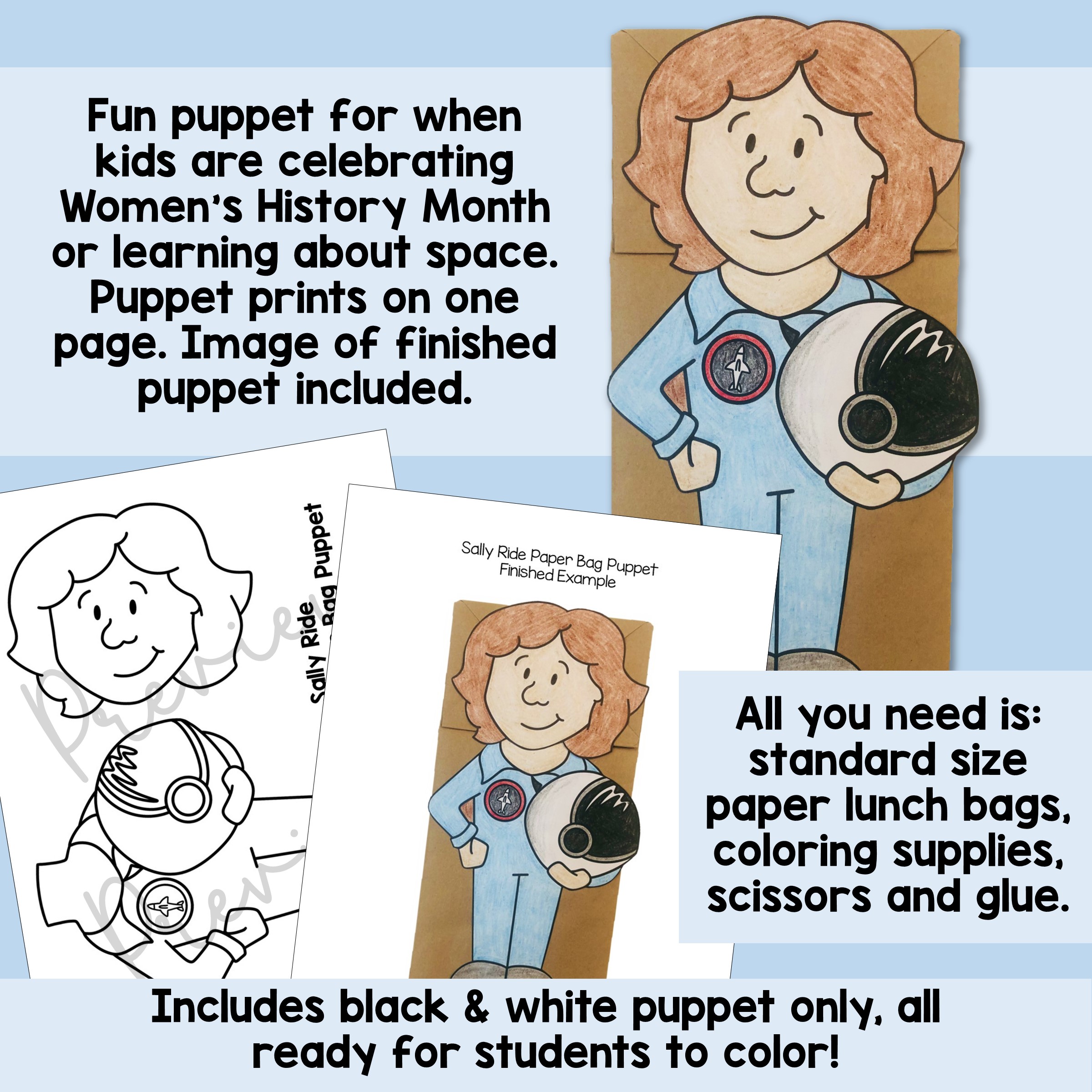 Womens history month paper bag puppet sally ride craft activity made by teachers