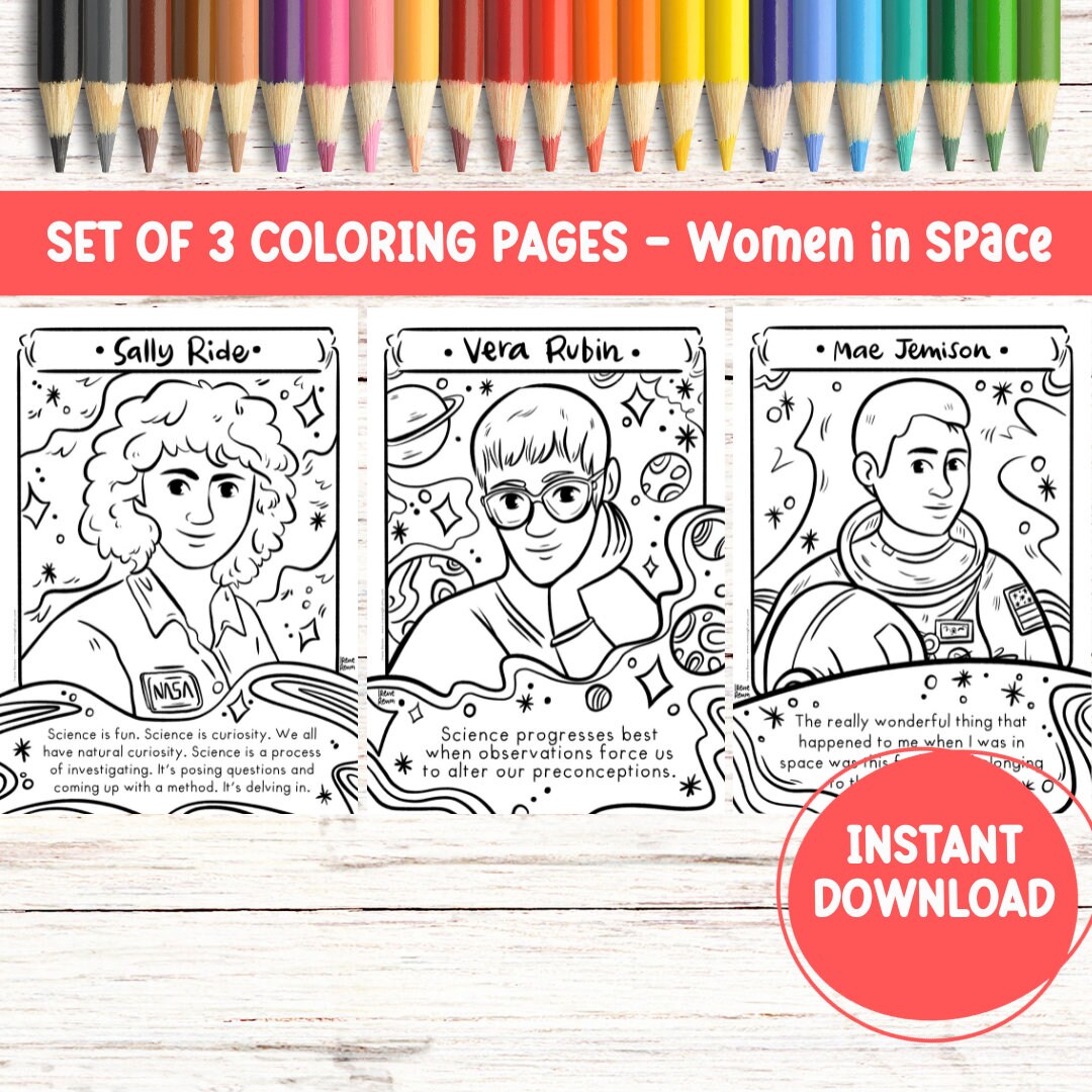 Printable coloring page women in science printable drawing stem women mae jemison vera rubin sally ride coloring sheet women in space print