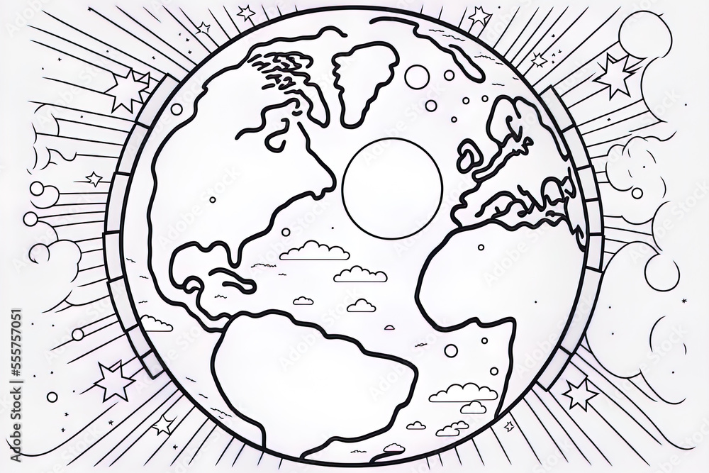For kids coloring books a cartoon coloring sheet of the earth space and astronomy is available generative ai illustration
