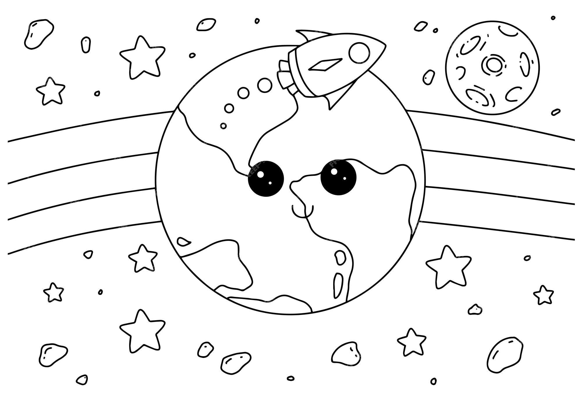Premium vector children coloring book page earth and space