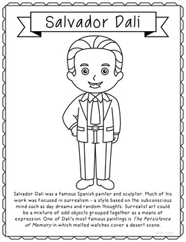 Salvador dali famous artist coloring page activity art history worksheet