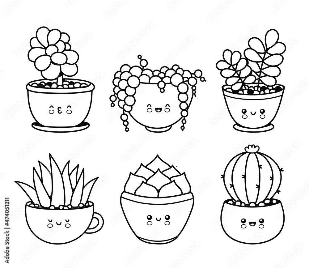 Cute happy funny succulents plantscactiflower emoji set collectionvector coloring cartoon kawaii character illustrationplants page for coloring book bundle conceptisolated on white background vector