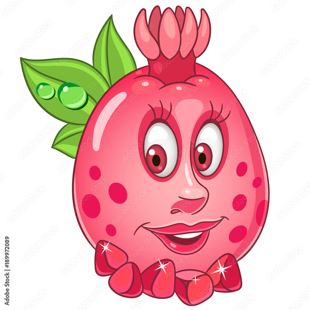 Cartoon pomegranate happy fruit emoticon smiley emoji eco food symbol design element for kids coloring book page t