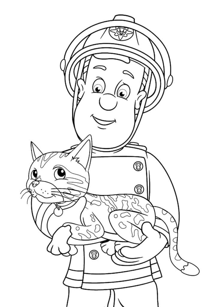 Fireman sam and cat coloring page