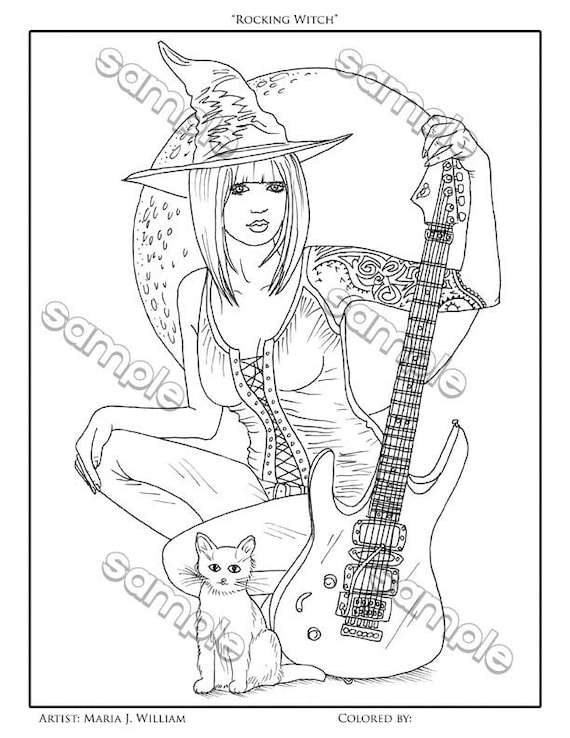 Witch with guitar cat halloween coloring page by maria j william instant pdf download