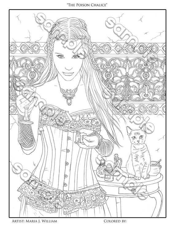 Seductive witch with goblet and cat fantasy portrait coloring page by maria j william instant pdf download