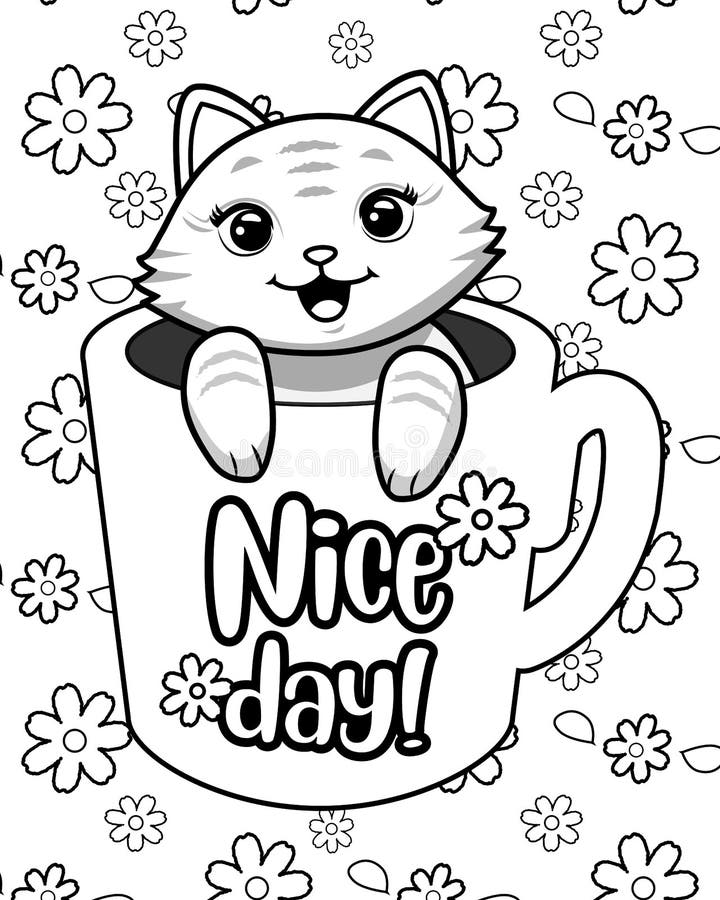 Line drawing of a cute and tender smiling kitten inside a cup of coffee ideal for coloring stock illustration