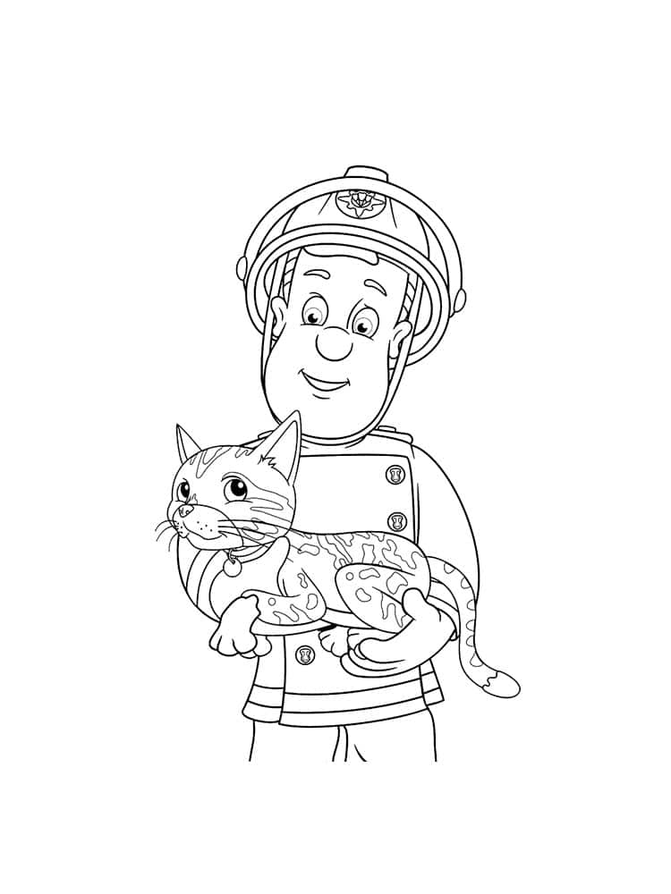 Fireman sam with a cat coloring page