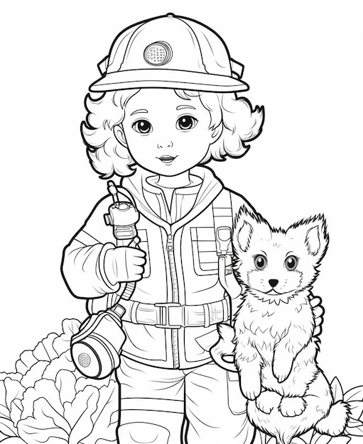 Premium ai image a coloring page of a little girl with a fireman and her dog generative ai