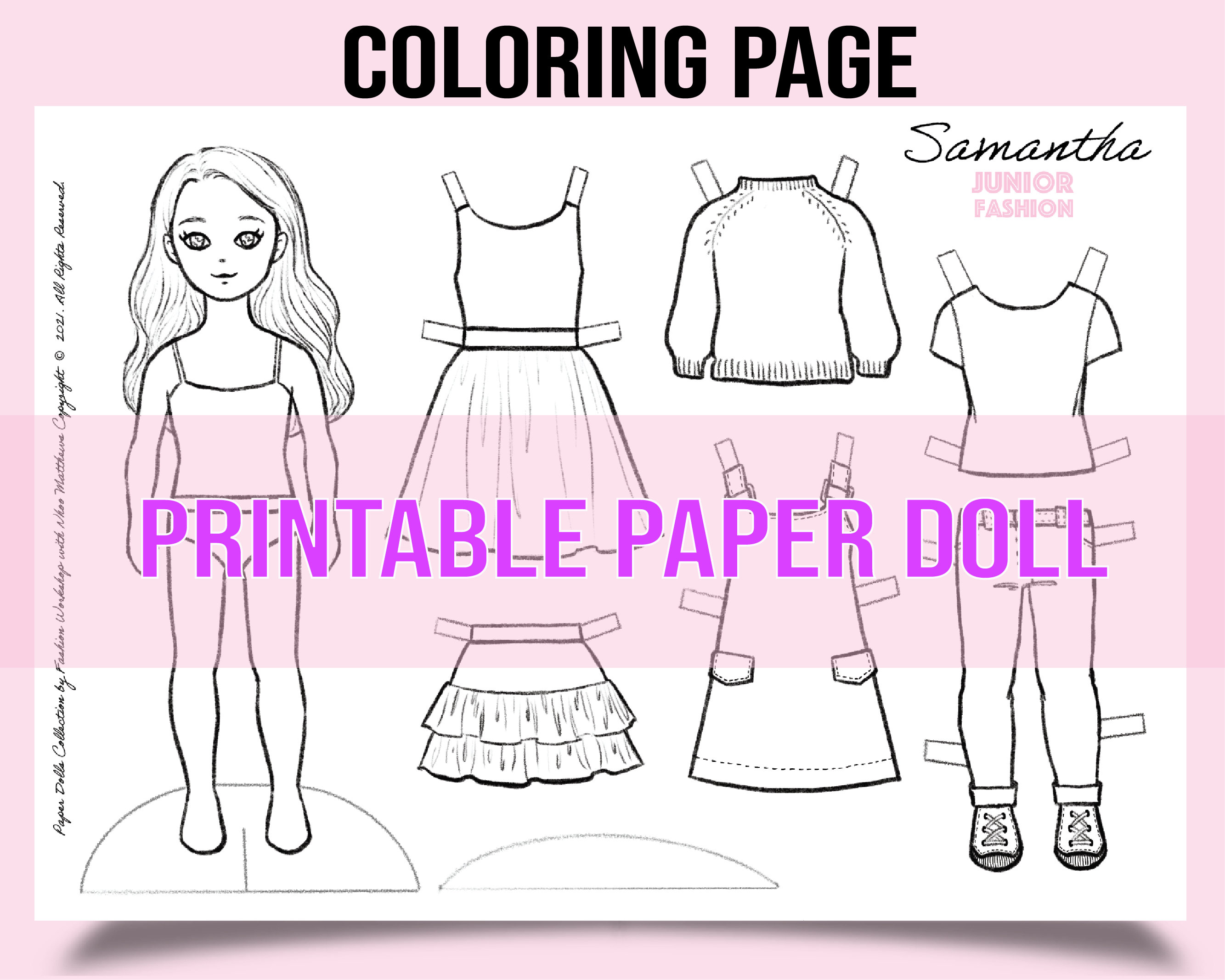 Coloring page samantha printable paper doll black white page diy art hobby instant download high res jpeg files