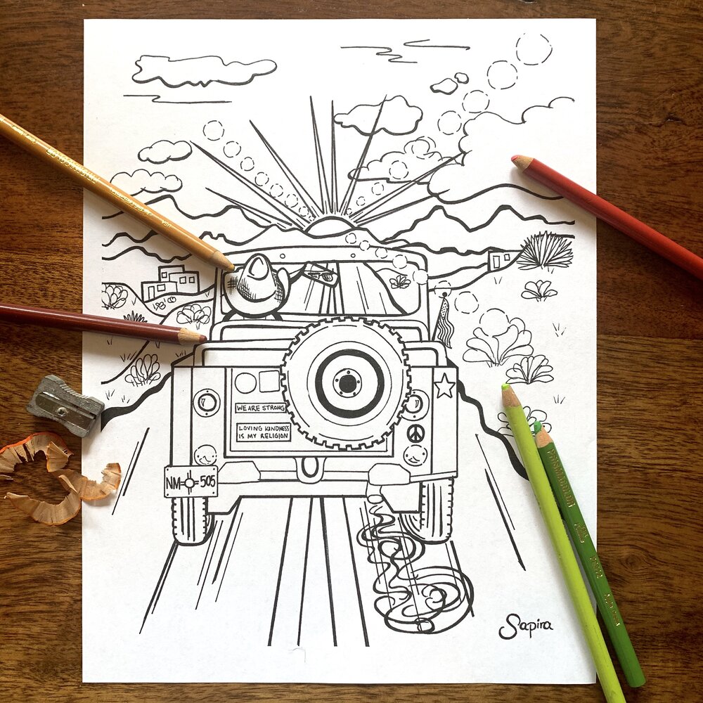 Desert jeep ride coloring sheet printable downloadable page â samantha j studio