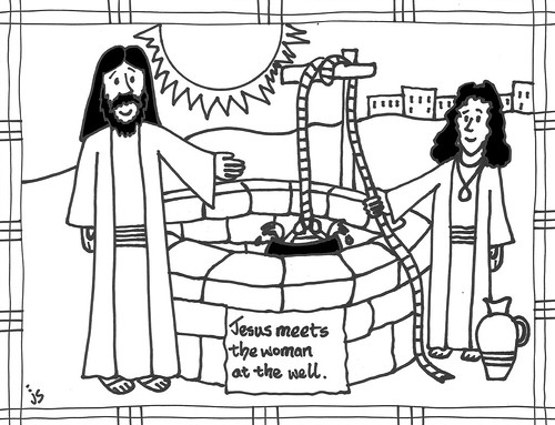 Jesus and woman at well coloring page â stushie art