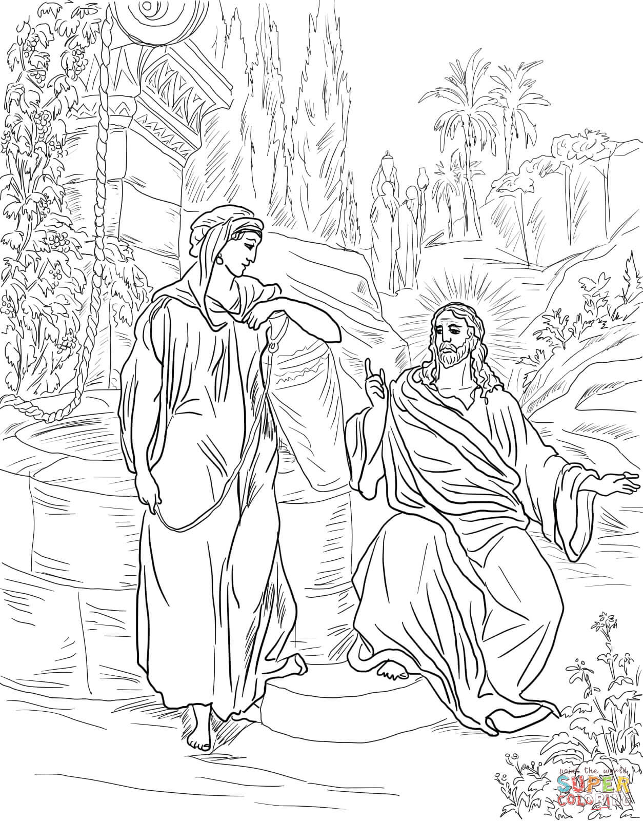 Jesus and the samaritan woman at the well coloring page free printable coloring pages