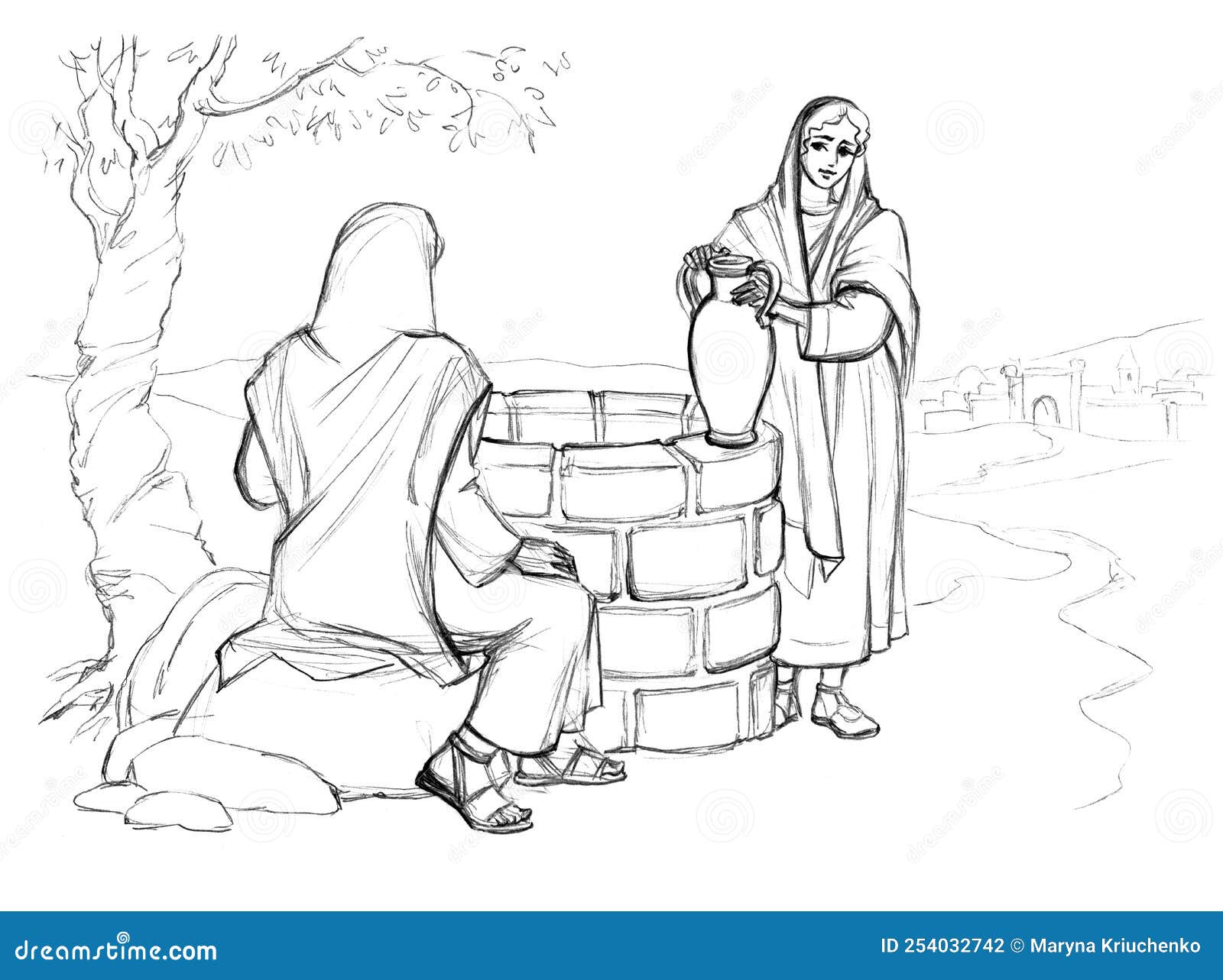 Christ and the samaritan woman at the well pencil drawing stock illustration