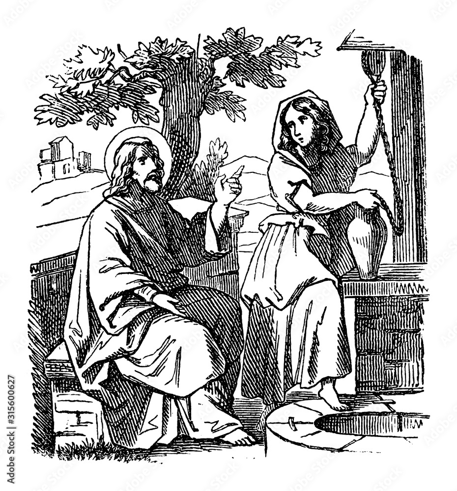 Vintage drawing or engraving of biblical story of jesus talks with samaritan woman near well bible new testamentjohn biblische geschichte germany vector