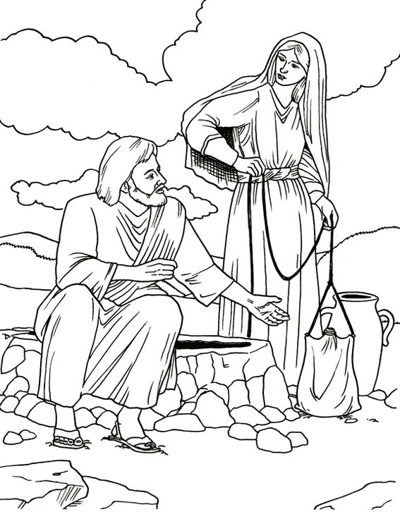 Jesus talks with a samaritan woman at well coloring sheet sunday school coloring pages bible coloring pages coloring pages